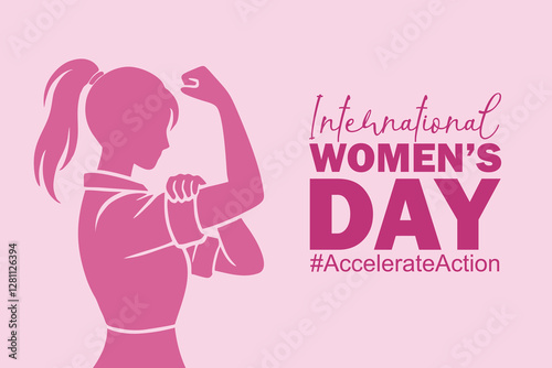 Accelerate Action campaign pose. International Womens Day 2025. Strong woman silhouette flexing her arm. Collective global activism for women's rights and gender equality.