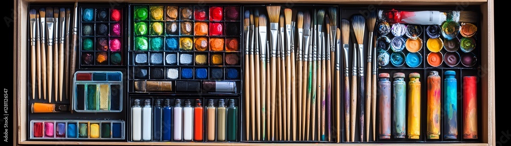 Fototapeta premium Artistic expression essentials, filled toolbox with brushes, paints, art supplies, artist tools for painting and sketching, vibrant creative tools for masterpieces