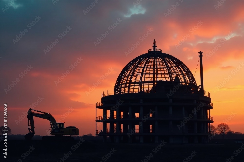 Fototapeta premium Silhouetted Construction Site at Sunset Featuring a Large Dome Under Construction with an Excavator