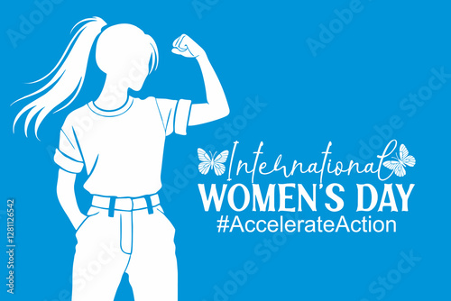 Accelerate Action campaign pose. International Womens Day 2025. Strong woman silhouette flexing her arm. Collective global activism for women's rights and gender equality.
