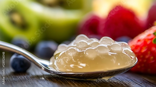 Sea moss gel in a spoon with fresh fruit in the background, ready for a nutritious smoothie