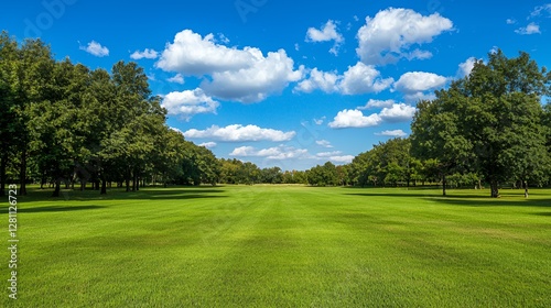 Summer Day in a Lush Green Park with Blue Sky and Fluffy White Clouds