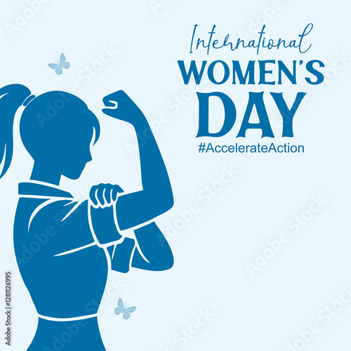 International Womens Day 8 March banner. Campaign 2025 #AccelerateAction. Silhouette of a strong woman with a ponytail, flexing her arm in a powerful pose. vector illustration.