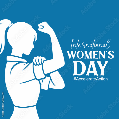 Accelerate Action campaign pose. International Womens Day 2025. Strong woman silhouette flexing her arm. Collective global activism for women's rights and gender equality.