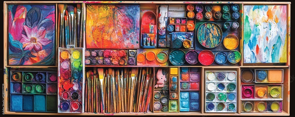 Fototapeta premium Creative expression tools, filled toolbox with essential art materials, vibrant paints, brushes, sketchbooks, artist s palette, artistic supplies for inspiring art