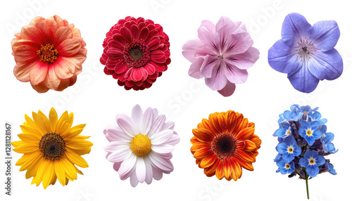 Colorful Flowers Isolated On Transparent Background, Featuring Daisy, Sunflower, Gerbera, And Hydrangea.