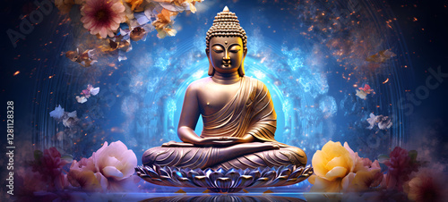 Budha temple with glittercore skin and filigree transparent metallic rainbow leaf, ai generative