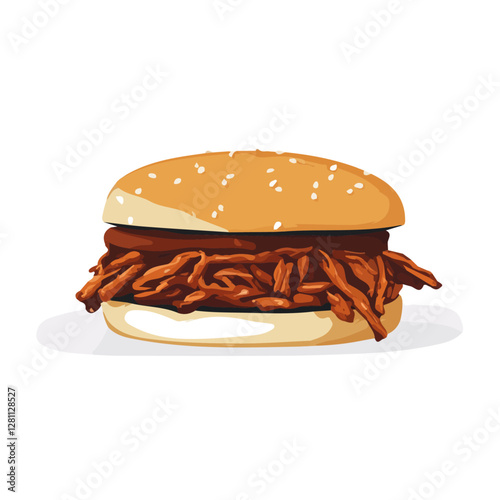 Flat vector pulled pork sandwich, minimalist design, isolated on a white background.


