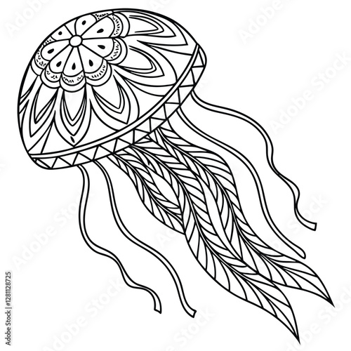Detailed Jellyfish Zentangle Coloring Page: Intricate Line Art Illustration of Marine Animal for Relaxation and Creative Fun