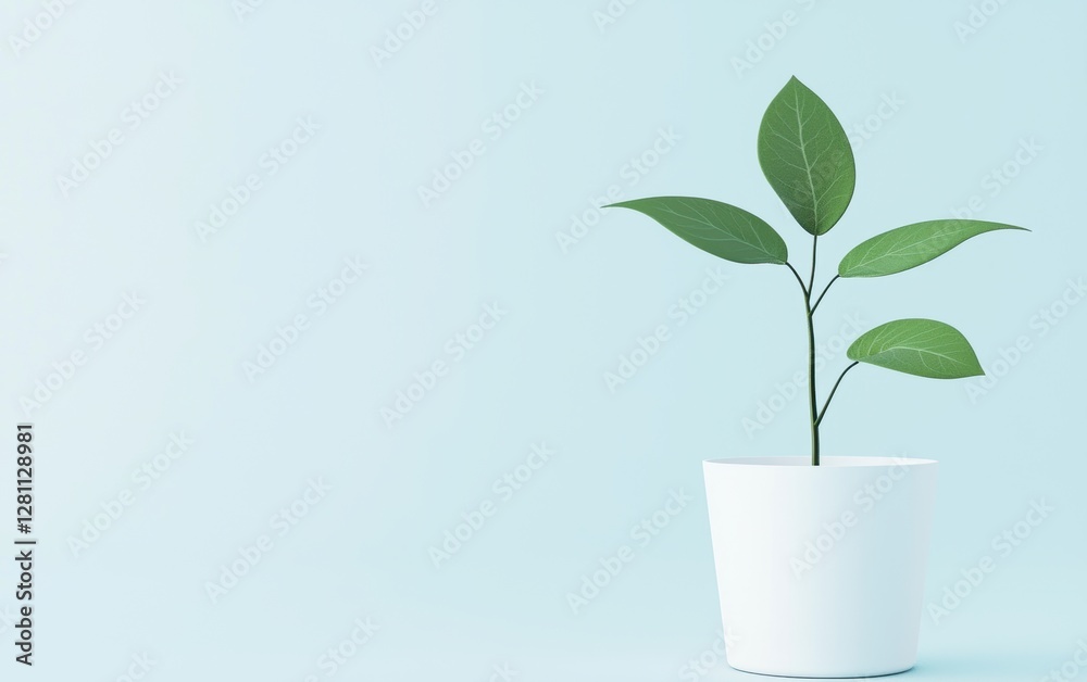 A fresh, minimalistic scene of a healthy young plant in a white pot, symbolizing nature and hope on a light blue canvas A fresh, minimalistic scene of a healthy young plant in a white pot, symbolizing nature and hope on a light blue canvas
