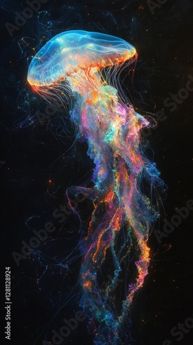 Vividly Colored Bioluminescent Jellyfish in Deep Ocean Waters - AId Art showcasing Luminescent Aquatic Beauty, Generative AI