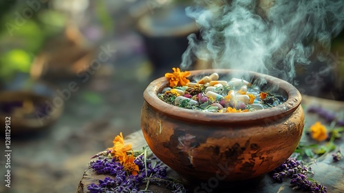 Herbal decoction brewing in a clay pot, releasing steam with aromatic medicinal plants