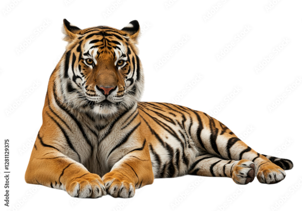 Fototapeta premium Resting Tiger Isolated on Black Background Shows Off Majestic Stripes