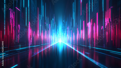 Futuristic neon lights display digital realm abstract art virtual environment straight view technology concept