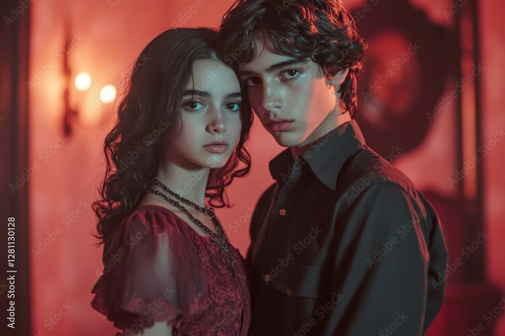 Naklejka premium Valentine's day, enamored couple: impressive dazzling, image of loving latin young person couple. Sign of love and affection. Commercial commercial conceptual art. True love. Loving partners.