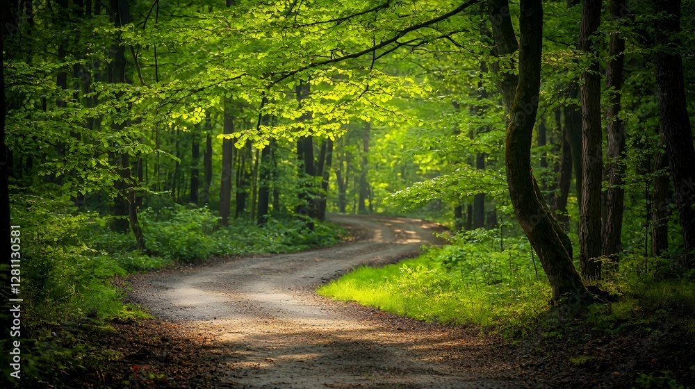 Fototapeta premium Sun Dappled Forest Path: Winding Road Through Lush Green Trees