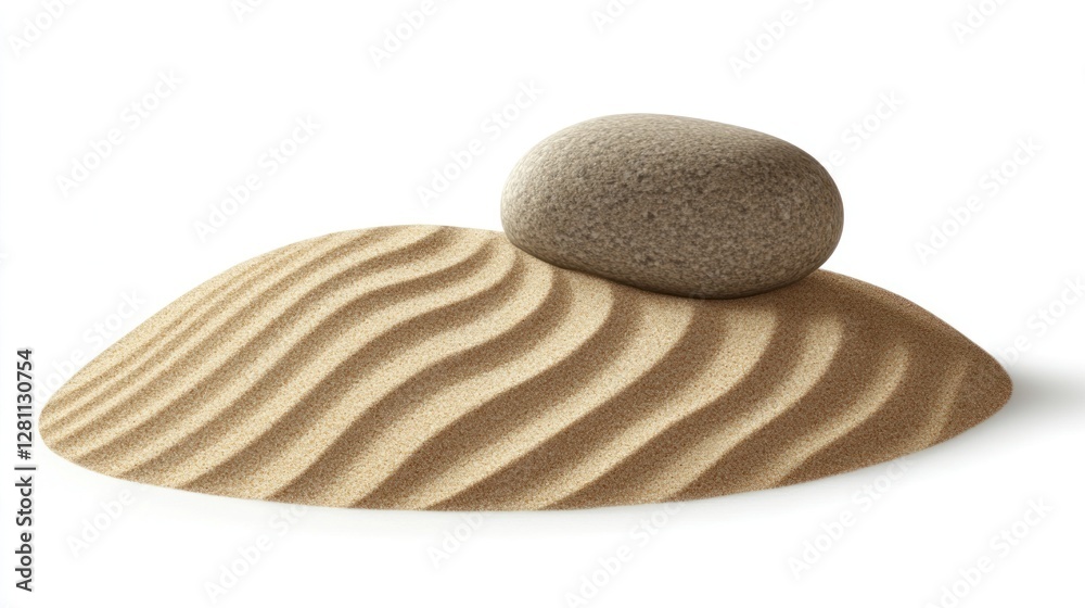 A minimalist Zen rock garden with carefully raked sand patterns and a lone, smooth stone at the center A minimalist Zen rock garden with carefully raked sand patterns and a lone, smooth stone at the center