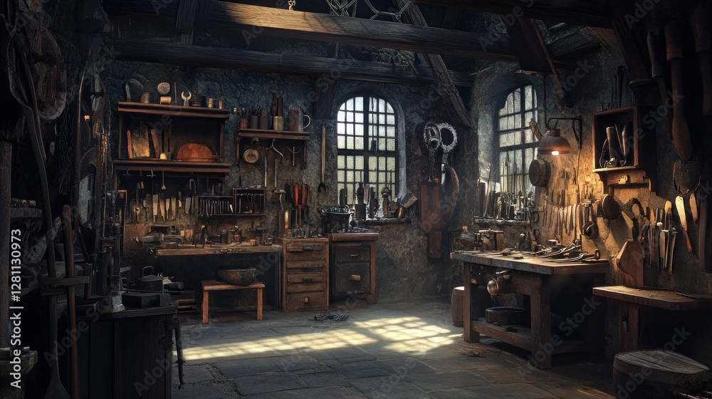 Sunlit rustic workshop interior with antique tools and equipment. Sunlit rustic workshop interior with antique tools and equipment.