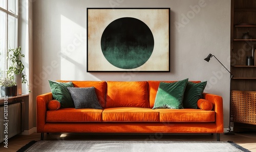 Calming Zen Abstract Minimalist Watercolor Sofa and Art in Muted Pantone Tones with Geometric Nordic Scandinavian Bohemian Pattern, Orange Couch with Green Cushion in Modern Interior, Generative AI
