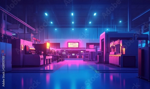 Advanced Automation in Industry 4.0 Smart Factory Interior with Robotic Machinery and High-Tech Manufacturing Equipment at Night, Generative AI