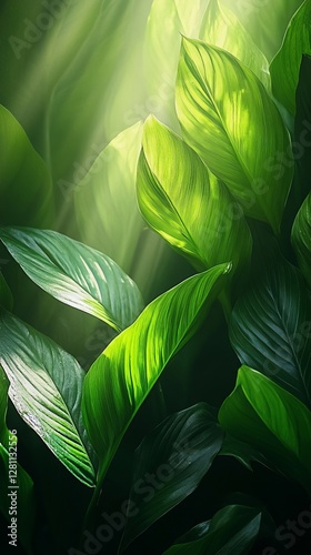 Sunlit Green Foliage with Soft Shadows, Nature Background, Sun Rays through Leaves, Tranquil Outdoors, Natural Serenity, Decorative Botanical Scene, Greenery in Sunlight, Peaceful Plant, Generative AI