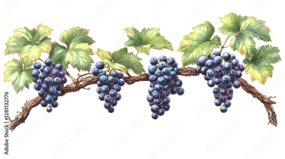 Fototapeta premium Vintage Illustration of Grapevines with Blue Grapes and Green Leaves