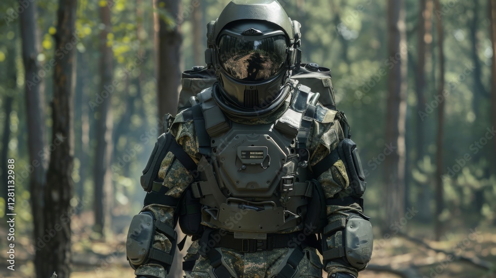 Fototapeta premium A specialized soldier equipped with advanced tactical gear moves through a forested area, showcasing a focus on training and preparedness in military operations under bright sunlight.