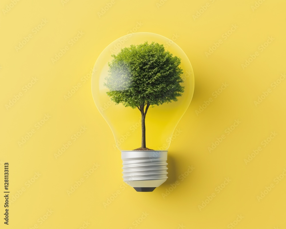 An artistic representation of sustainability with a tree thriving inside a light bulb, showcasing eco-conscious ideas on a yellow background An artistic representation of sustainability with a tree thriving inside a light bulb, showcasing eco-conscious ideas on a yellow background