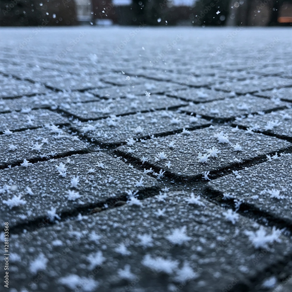 Obraz premium Snowflakes delicately landing on a frozen cobblestone street, forming a natural mosaic.