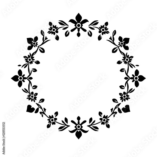 Black and White Floral Wreath: a circular wreath of black flowers and leaves, a stylized, simplistic design.