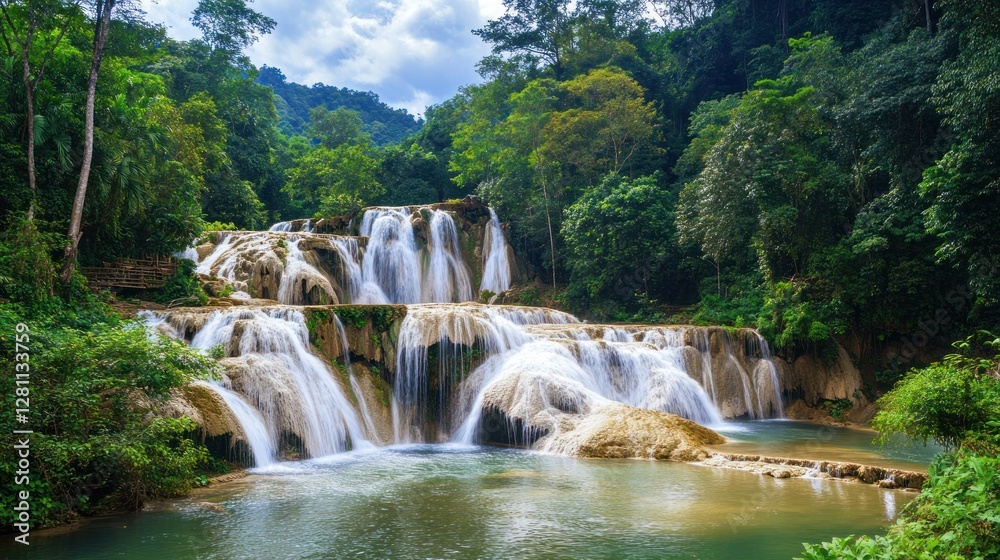 Obraz premium Serene Waterfall Cascading Through Lush Tropical Rainforest