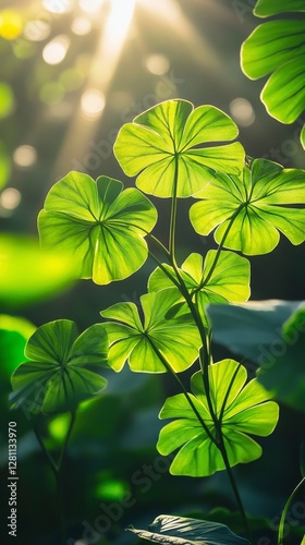 Sunlit Green Foliage with Soft Shadows, Nature Background, Sun Rays through Leaves, Tranquil Outdoors, Natural Serenity, Decorative Botanical Scene, Greenery in Sunlight, Peaceful Plant, Generative AI