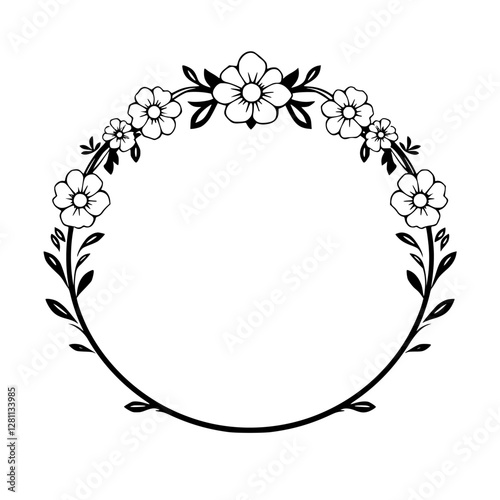Floral wreath with flowers and leaves in a circular pattern.
