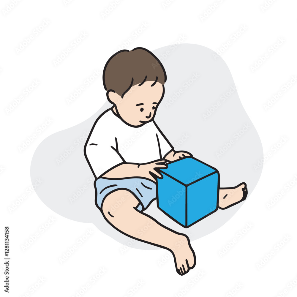 An illustration of a boy sitting and playing on the floor. A hand drawn vector element.