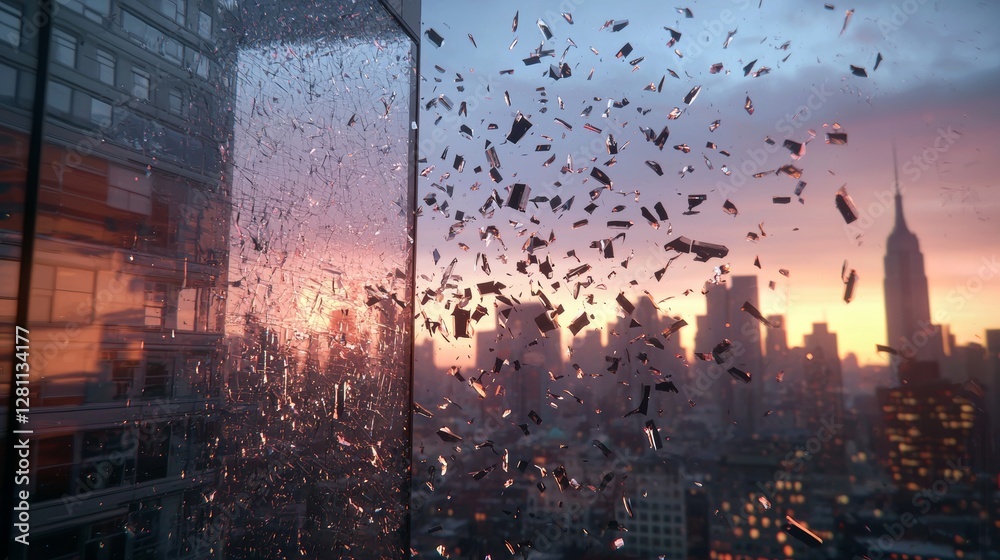 Naklejka premium Shattered Glass Ceiling Art with Dynamic Light Through Cracks against Urban Skyscrapers Creates Empowering Leadership Visuals for Modern Business Diversity Campaigns