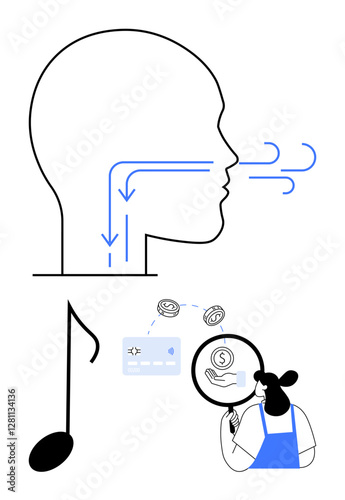 Human head outline with arrows indicating airflow, magnifying glass focusing on money, musical note, and business card. Ideal for healthcare, analysis, music, finance, identification respiration