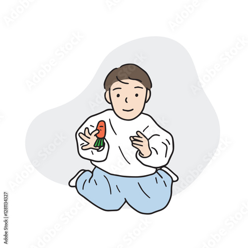 This is an illustration of a toddler sitting on the floor playing house. A vector element drawn by hand.