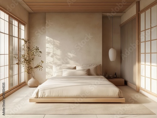 Modern bedroom with minimalist furniture and wood fixtures