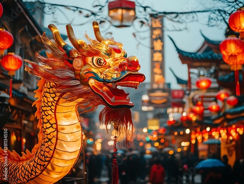 Dragon parade, Chinese New Year, street scene, crowded market
