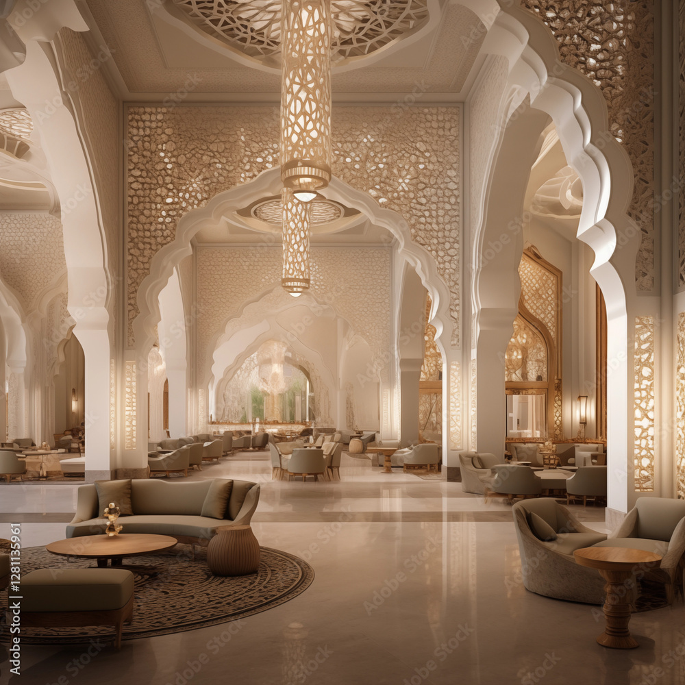 Fototapeta premium Luxury Hotel Lobby Interior Beige and Gold Modern Design with Islamic Arches