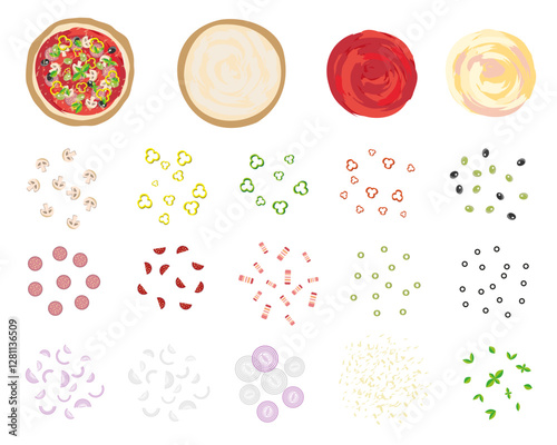 Pizza Kit With Whole Pizzas, Slices, Vegetables. A set of everything you need to build your own custom pizza. Cheese pizza base with tomato sauce, and all the toppings you could want. Eps 10