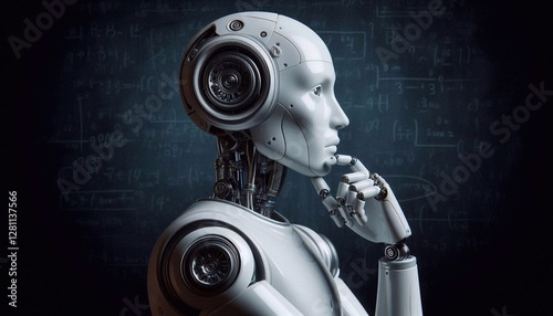 Humanoid robot thinking, side view, isolated on blackboard background
