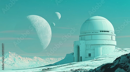 Observatory with a retro-futuristic theme featuring old telescopes, domes, and control panels set against a backdrop of stars and galaxies