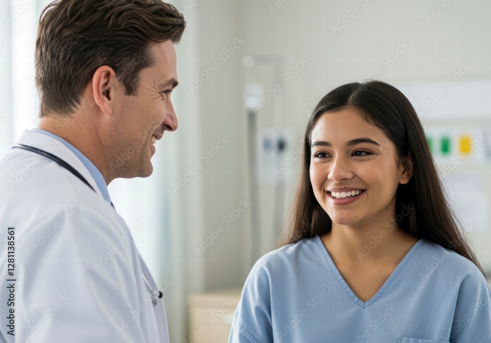 Obraz premium Caring Doctor Interacting Positively with Happy Patient in Hospital