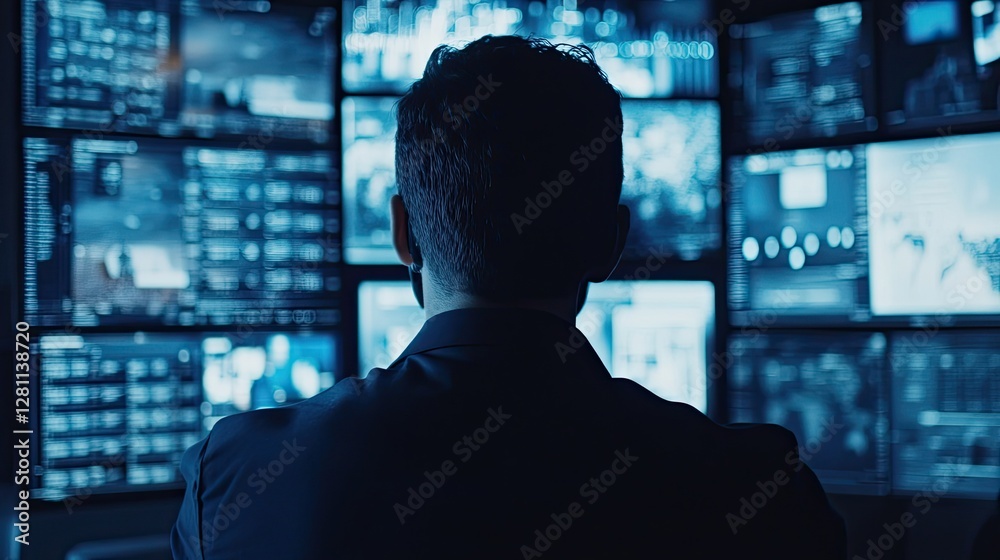 Man Observing Multiple Screens in Dark Control Room Environment Man Observing Multiple Screens in Dark Control Room Environment