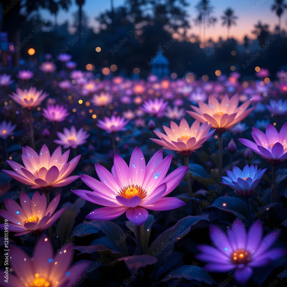 Fototapeta premium Glowing Lotus Field: Night Bloom Magic