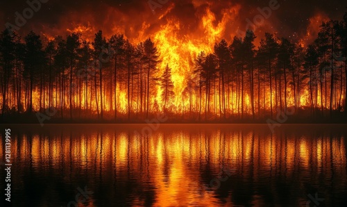 Dramatic Nighttime Forest Fire Raging Through Trees, Intense Flames Reflecting on Water in Wildfire Scene, Generative AI