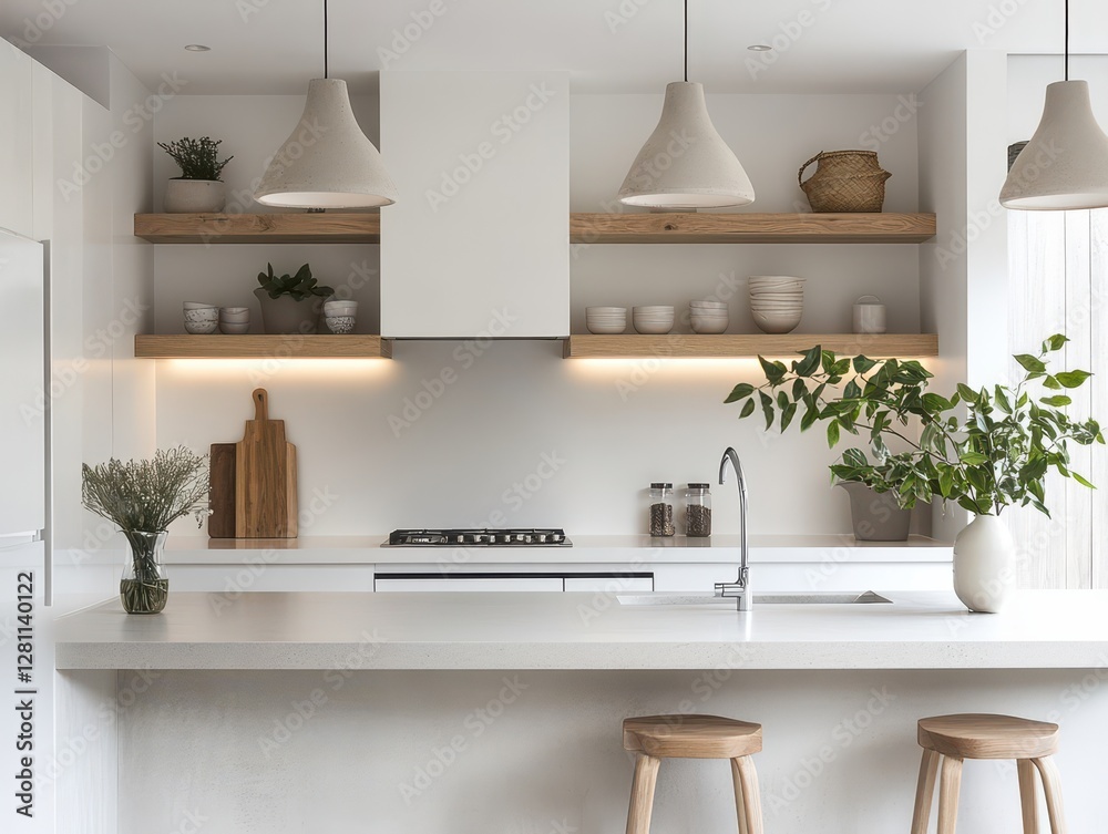 Fototapeta premium Modern kitchen features plants and a white modern design