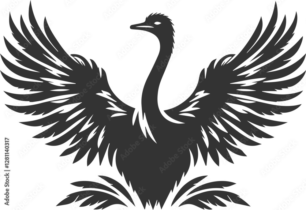 Fototapeta premium Ostrich with wings spread wide, showing feathers animal silhouette vector