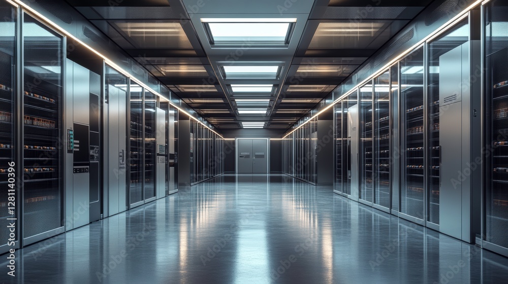 A modern, well-lit corridor lined with glass doors leading to server rooms, showcasing a sleek, high-tech environment. A modern, well-lit corridor lined with glass doors leading to server rooms, showcasing a sleek, high-tech environment.